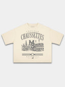 Ivory Monaco Chaussettes boxy tee, front view with arched lettering and baseball diamond crest.