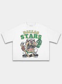 White Dallas Stars Taz tee, front view with Taz holding a hockey stick and green glove.