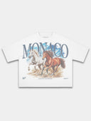 White Run Wild boxy tee, front view with Monaco Country Heritage galloping horse graphic.