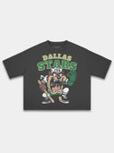 Black Taz Dallas Stars heavyweight boxy tee, front view with distressed vintage cartoon print.