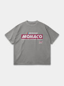 Monaco Sponsor light grey raw hem tee, front mockup showing the red Monaco logo and No. 35 chest print.
