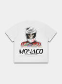 Arctic White Grid Reaper paneled tee, back mockup showing oversized skull racing driver artwork.