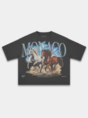 Monaco Run Wild black heavyweight boxy tee, front view with blue sky and white horses print.