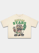 Ivory Dallas Stars Taz boxy tee, front view with cartoon character in helmet and skates.
