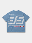 Slate blue Monaco Sponsor oversized tee, back mockup showing giant No. 35, website text and sponsor logos.