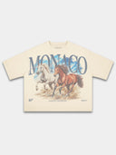Ivory Run Wild boxy tee by Monaco, front view with vintage-style horse art and arched lettering.