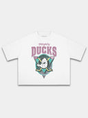 White Mighty Ducks tee, front view with distressed duck mask, triangle and yellow hockey sticks.