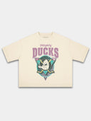 Ivory Mighty Ducks vintage tee, front view with duck mask logo and cracked retro print.