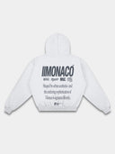 Heather gray Monaco graphic hoodie back mockup featuring black stacked logos, statement typography and ribbed hem.