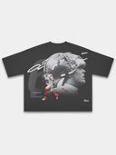 Black No. 6 Next Chapter heavyweight boxy tee, back view with red and greyscale football print.