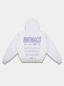 Monaco Aesthetic heather gray graphic hoodie mockup, back view with lavender logo stack and lifestyle text.