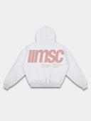 Heather gray graphic hoodie mockup from the back with coral MSC branding, statement typography and ribbed hem.