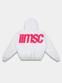 Heather gray pullover hoodie back mockup with bright red MSC graphic, hood, long sleeves and ribbed waistband.
