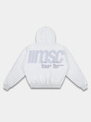 Back mockup of heather gray MSC hoodie with soft blue graphic, oversized logo, hood and tapered ribbed waistband.