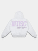 Heather gray streetwear hoodie back mockup with lavender MSC logo, supporting text, hood and ribbed cuffs.