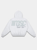 Heather gray athleisure hoodie back mockup with sage MSC print, oversized lettering, hood and ribbed trim.