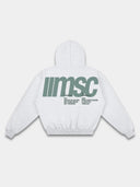 Heather gray Monaco pullover hoodie back mockup featuring green MSC branding, statement text and ribbed hem.