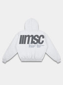 Heather gray Monaco hoodie back mockup with charcoal MSC branding, oversized lettering and ribbed waistband.