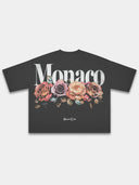 Black Bloom heavyweight boxy tee, back view with rose bouquet print and Social Club script.