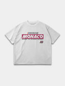 Arctic white Monaco Sponsor oversized tee, front mockup showing the Monaco racing logo and No. 35 graphic.