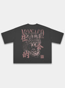 Monaco Primal Instinct black boxy tee, back view with roaring leopard graphic and MONACO lettering.