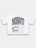35 Authentic Club Heavyweight Boxy Tee in White with collegiate Monaco Athletic Dept. graphic — Monaco Social Club streetwear