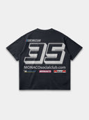 Navy blue Monaco Sponsor oversized tee, back mockup showing giant No. 35, website text and sponsor logos.