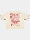 Monaco Primal Instinct ivory heavyweight boxy tee, back view with tonal red leopard graphic.