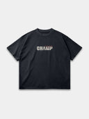 Navy blue Monaco Champ raw hem T-shirt, front mockup with cream block lettering, red script and navy stars.