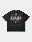 The Champ Tee by Monaco in faded black, back mockup with red, navy and cream lettering, crown and crest.