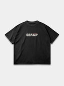 Faded black Champ heavyweight tee by Monaco, front mockup with cream block lettering and red script.