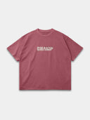Faded merlot Monaco Champ raw hem tee, front mockup showing cream block lettering and gold star details.