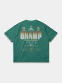 Vintage green Champ oversized tee by Monaco, back mockup with layered typography, number 2 graphics and crest.