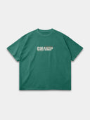 Monaco Champ Tee in vintage green, front mockup with cream block lettering, script accents and five stars.