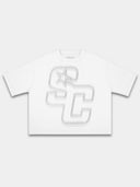 White Club boxy tee, front view with distressed SC monogram and a star.
