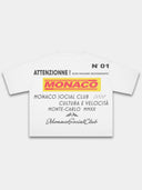 White Trackside boxy tee, back view with Monaco Social Club racing text and crossed flags.