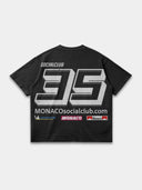 Faded black Monaco Sponsor tee, back mockup with oversized white No. 35, website text and sponsor-style logos.