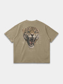 The Untamed Tee in khaki, back mockup with an oversized snarling leopard head and spaced Monaco text.
