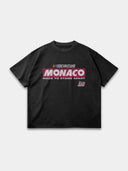 Monaco Sponsor faded black raw hem tee, front mockup showing the red Monaco logo and No. 35 chest print.