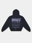 Monaco Aesthetic navy graphic hoodie back mockup with lavender branding, hood and layered lifestyle text.