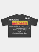 Monaco Trackside black boxy tee, back mockup with yellow MONACO panel and racing typography.