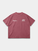Faded merlot Open Land raw hem tee, front mockup with white Monaco wordmark and three-horse chest graphic.