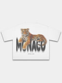 White Tiger boxy tee, back view with resting tiger above blurred black Monaco wordmark.