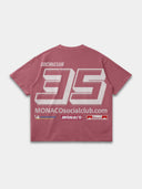 Faded merlot Monaco Sponsor tee, back mockup with oversized No. 35, website lettering and sponsor-style logos.