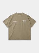 Khaki Open Land raw hem T-shirt, front mockup with Monaco wordmark and three-horse chest print in white.
