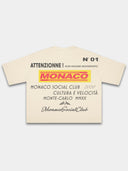 Ivory Trackside boxy tee, back view with layered motorsport text print and Monaco flag emblem.