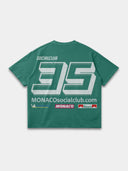 Vintage green Monaco Sponsor tee, back mockup with oversized white No. 35, website text and sponsor-style logos.