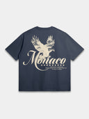 Spirit Of Rebels Heavyweight Tee in Midnight Navy with cream eagle and Monaco script back graphic — Monaco Social Club streetwear