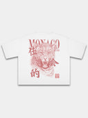 White Primal Instinct boxy tee by Monaco, back view with red leopard and brush-script graphic.