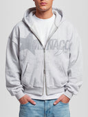 Men model wearing the Monaco Dept. Heavyweight Full-Zip Hoodie in heather gray — Monaco Social Club streetwear